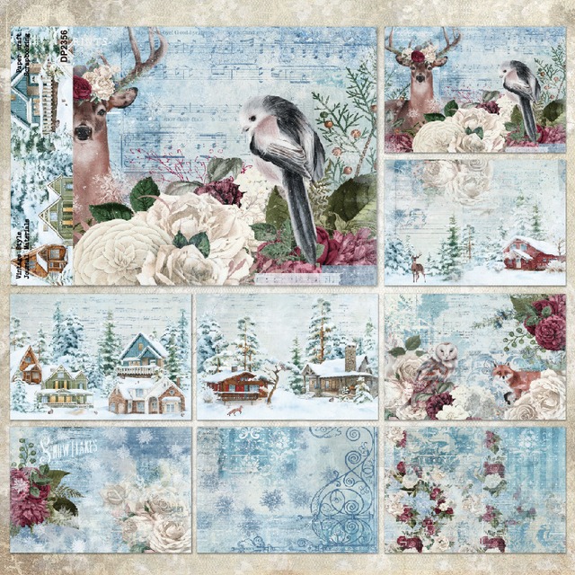 ヴィンテージ風雪景色と動物たちのA5デザインペーパー　8種8枚入り　DP2356【Retro Style】[RS-12]
