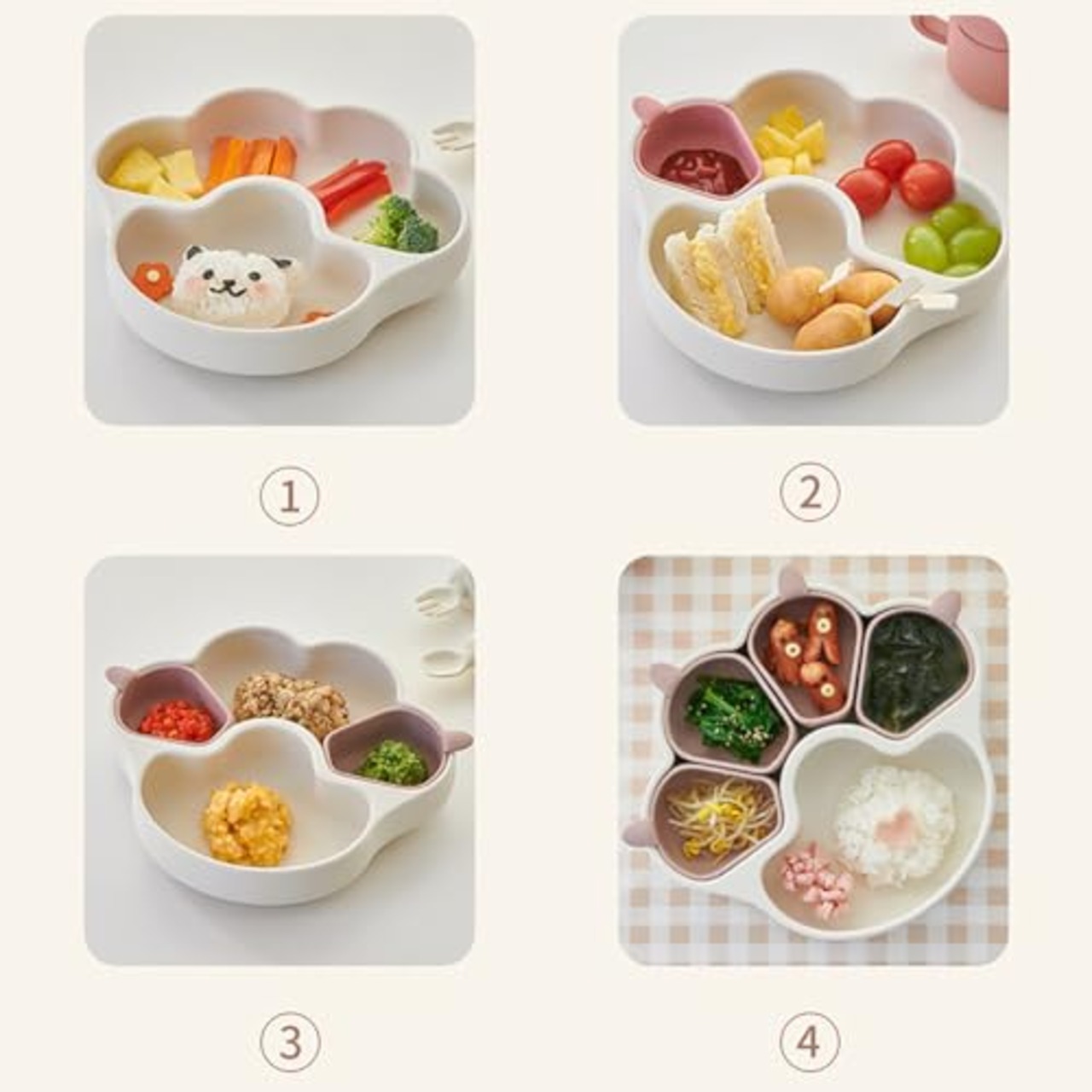 ベビー食器セット 5グリッド 吸盤付き ひっくり返らない 離乳食対応 食品級シリコン製 滑り止め&分離式デザイン 出産祝い ギフト対応 猫の爪 かわいいカラフルデザイン (ピンク)