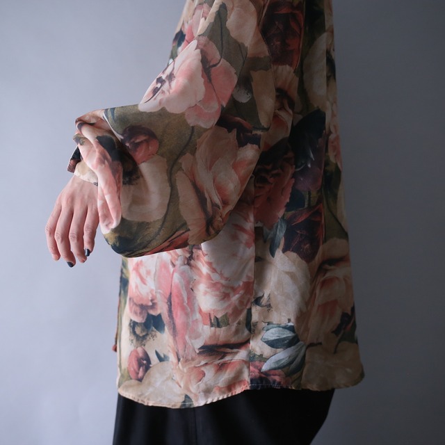 beautiful flower art pattern loose silhouette balloon sleeve see-through shirt