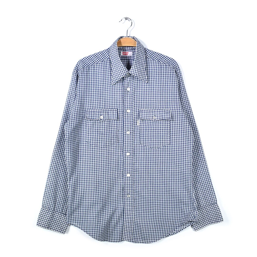 70s リーバイス ギンガムチェック ヴィンテージコットンシャツ 紺白 Levis メンズL 古着 @CA1451
