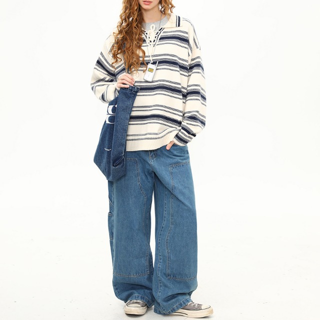 multi-border lace-up knit　マルチボーダーレースアップニット　J1342