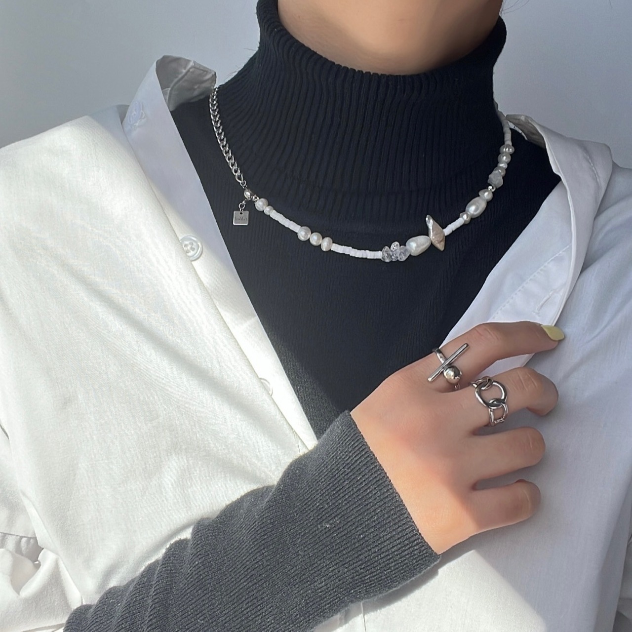 淡水パール ×チェーン ネックレス ［SSN050］