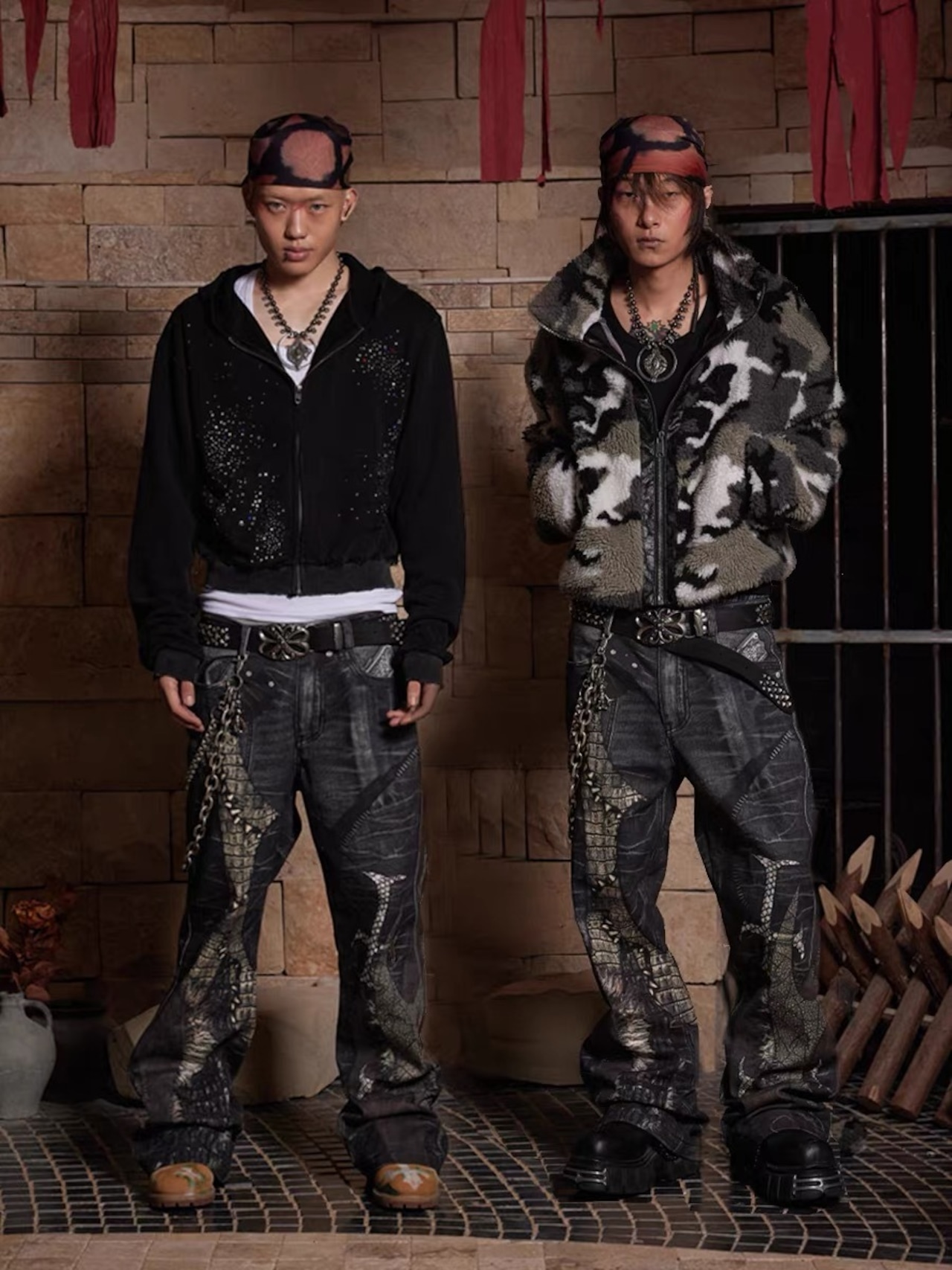 【DND4DES】Leather Cross Splicing Printed Jeans