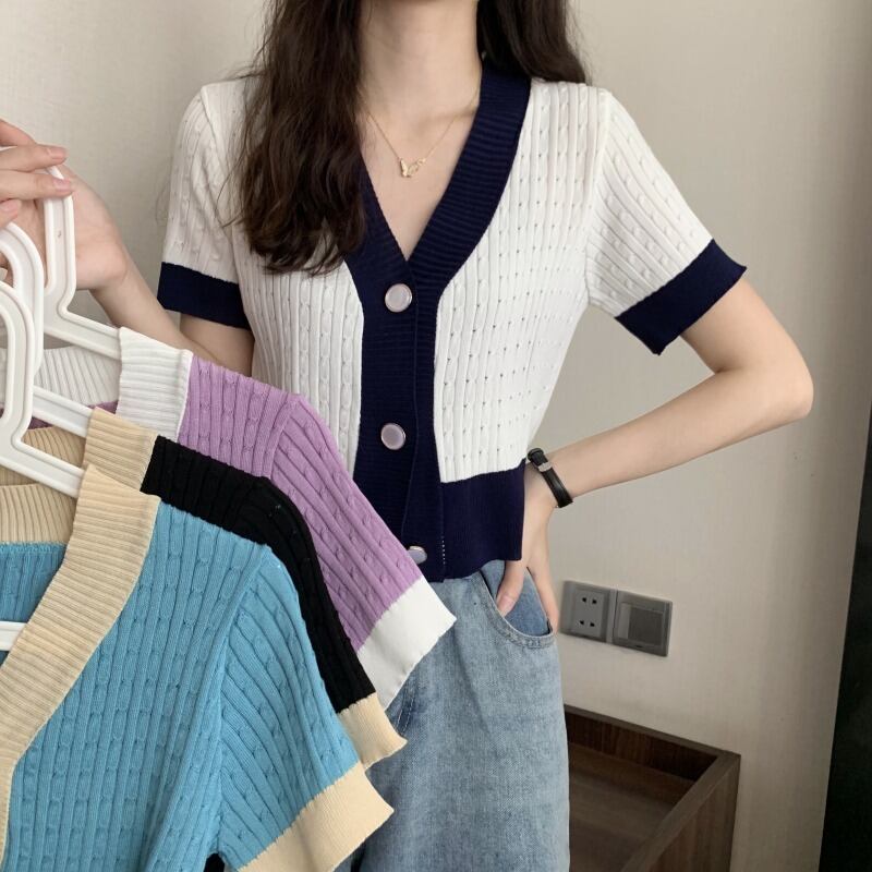 カラーVネックニットカーディガン薄手サマースタイルスリムショートトップス 夏物 YY-ファッション74551460933