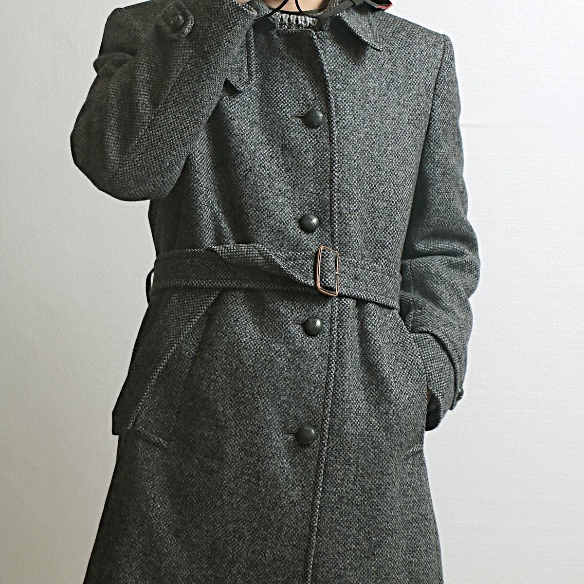 80s~ Aquascutum アクアスキュータム シングル ベルテッド ツイード ウール コート 古着 used