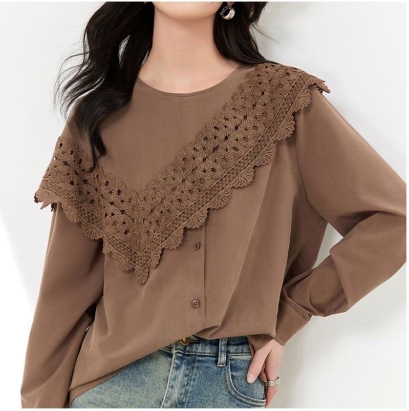 新作 スカラップレース襟ブラウス トップス 長袖 シャツ 変形