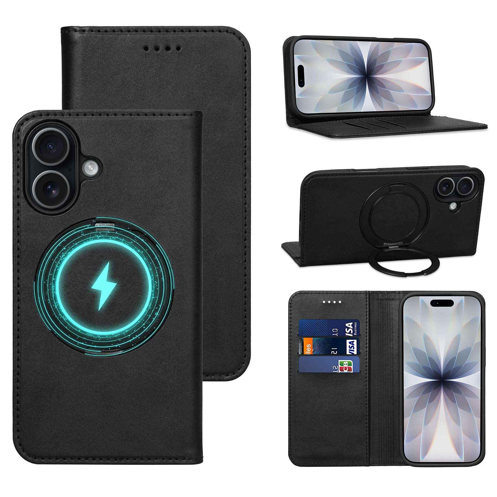 【Keallce】 iPhone 17e ケース 手帳型 iPhone 16e 手帳型 ケース リング付き 360°回転スタンド カード収納 ブラック