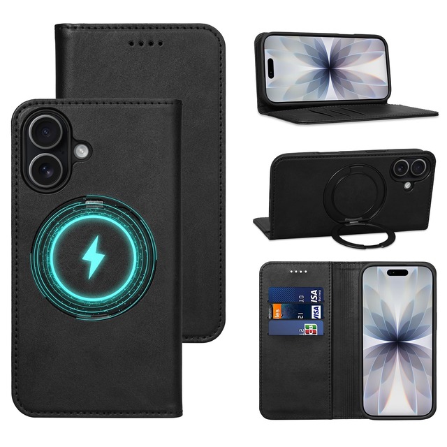 【Keallce】 iPhone 17e ケース 手帳型 iPhone 16e 手帳型 ケース リング付き 360°回転スタンド カード収納 ブラック