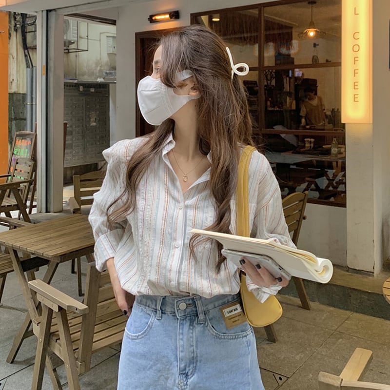 ストライプシャツ スプリングオータムスタンダードブラウス ロング レトロ 春物 秋物 試着室7462651152