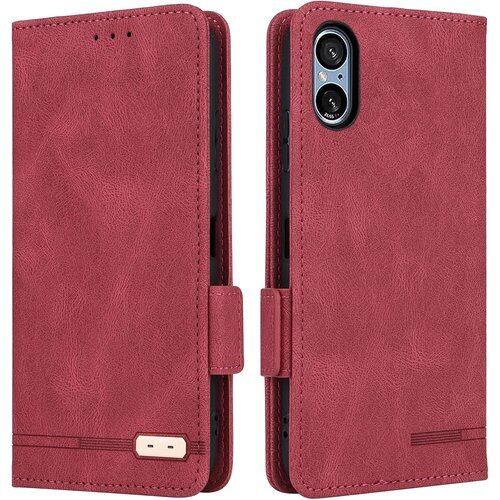 Xperia 5 V ケース 手帳型 ストラップ 同梱 適用 Xperia5V SO-53D doo SOG12 au モバイル SIMフリー 対応 スマホケース エクスぺリア5V Xperia 5V case Heofuixt スタンド カバー カード カード入れ ストラップ カードケース スマホケース ストライプ マグネット ケース 携帯ケース つや消し レトロ レッド 2170