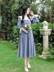 【0110】Blue Flower Lace Frill Long Sleeve Dress