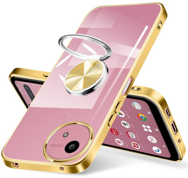AQUOS Wish5 / Wish5s ケース SH-52F ケースリング付き クリア aquos wish5 カバー ストラップホール付き 耐衝撃 全面保護 軽量 薄型 かわいい アクオス ウィッシュ5 スマホケース スタンド機能 車載ホルダー対応 擦り傷防止 滑り止め 落下防止 TPU 透明 (ゴールド)