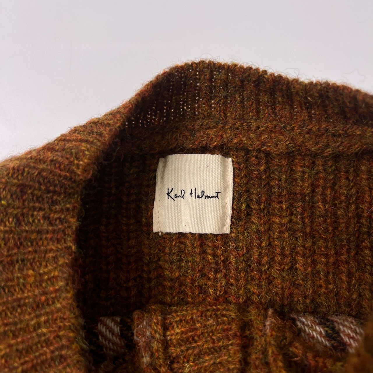 Karl Helmut カールヘルム ヘンリーネック エルボーパッチ 切替チェック ウール セーター M/オレンジブラウン