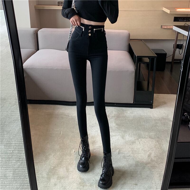 ジーンズ ハイウェストウェスト薄手スプリングオータムカジュアルブラックパンツ 春物 秋物 ブラックストロベリース50237592856