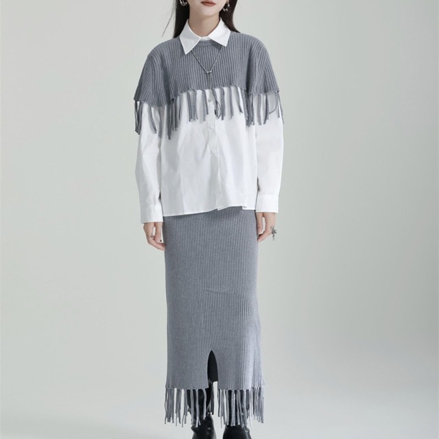 Fringe rib knit cape and tight skirt【3color】 C0913