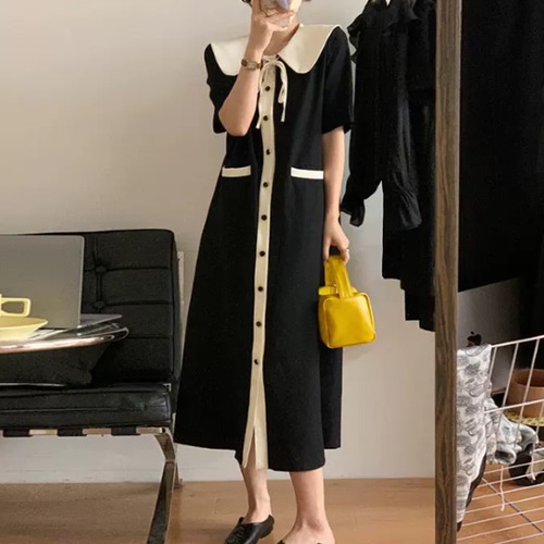 半袖ワンピース レディース ワンピース ロングワンピース コントラストカラー フロントボタン カジュアル お出かけ おしゃれ きれいめ 大きいサイズ ゆったり ルーズ ドールカラー 女性 春夏 ワンピ