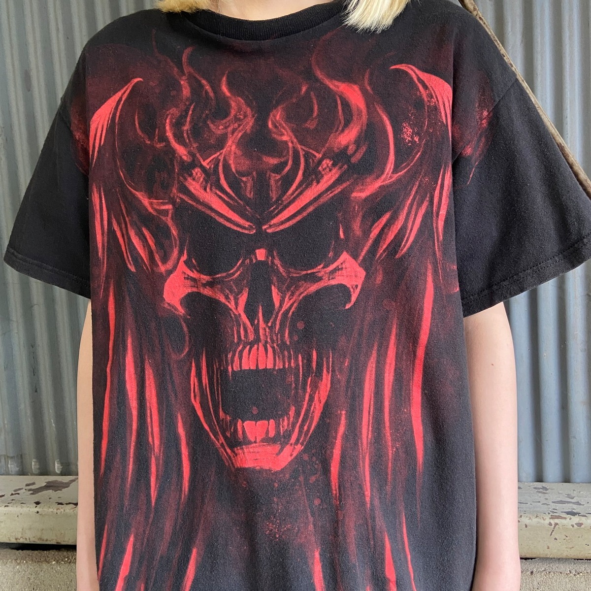 ドクロ 骸骨 スカル 大判プリント Tシャツ メンズM-L相当 古着 