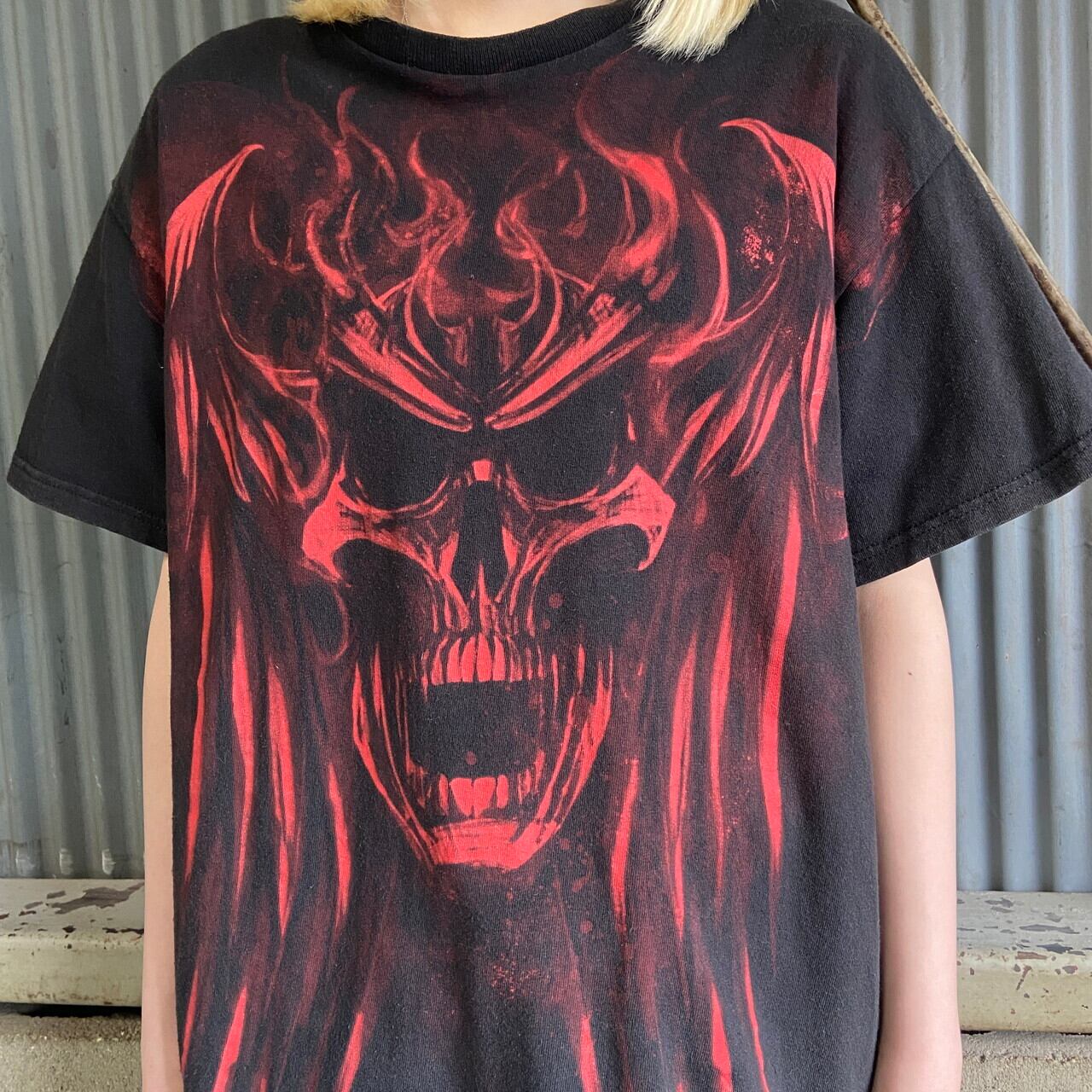 ドクロ 骸骨 スカル 大判プリント Tシャツ メンズM-L相当 古着 