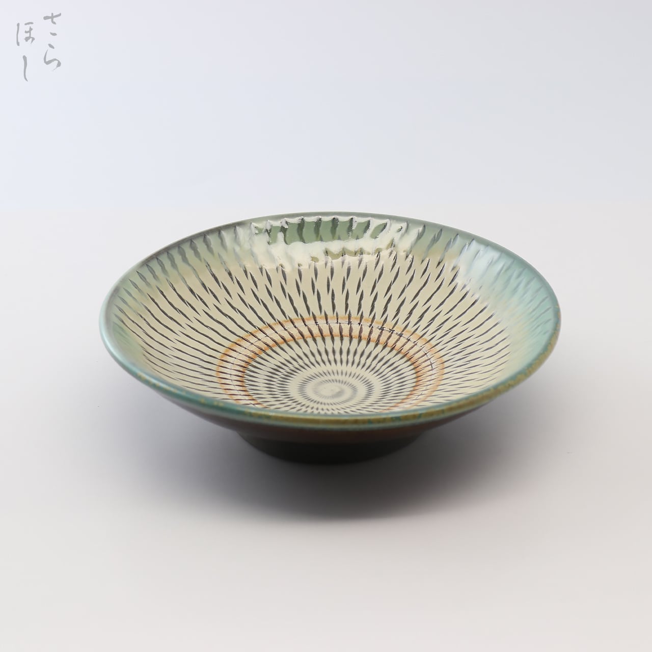 小鹿田焼 小袋窯 5寸皿 飛び鉋 青流し 直径約15.5cm 中皿 陶器 和食器 民藝
