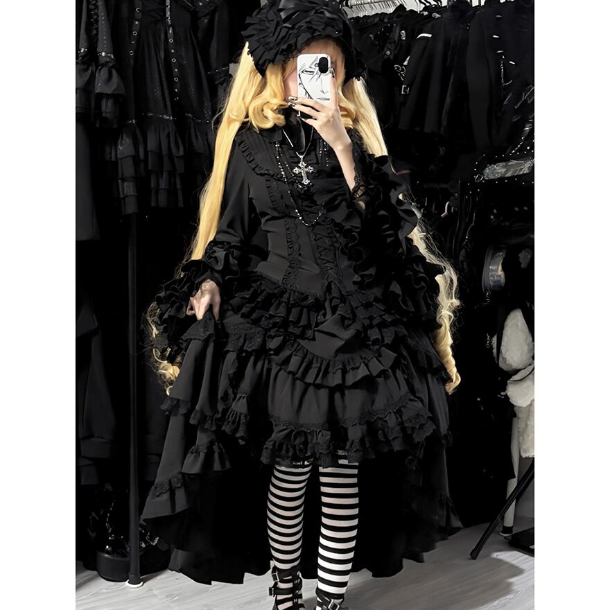 ゴスロリ 姫袖シャツ 黒シャツ ネックリボン付き レースアップ フリル