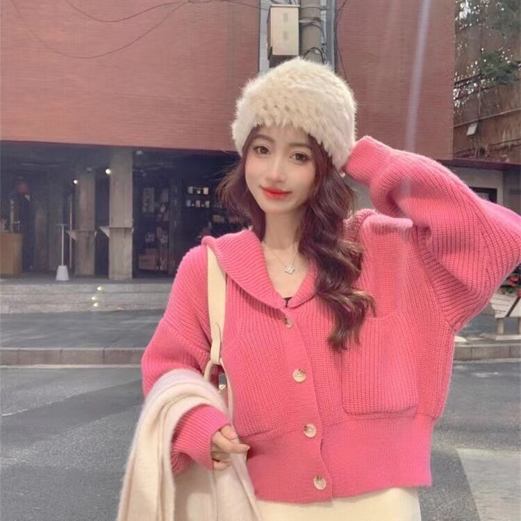 【新作】【送料無料】 気質ピンクの小さな香りのよいスタイルのショートコートニットセータートップ、優しいスタイルのファッショナブルなデザイン、秋冬の女性向け 0389344575668