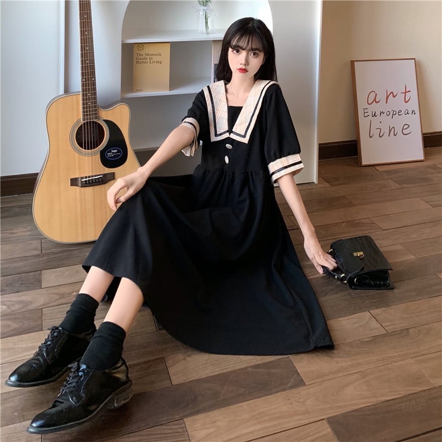 ワンピース セーラー風 レトロ ハイウエスト Aライン かわいい
