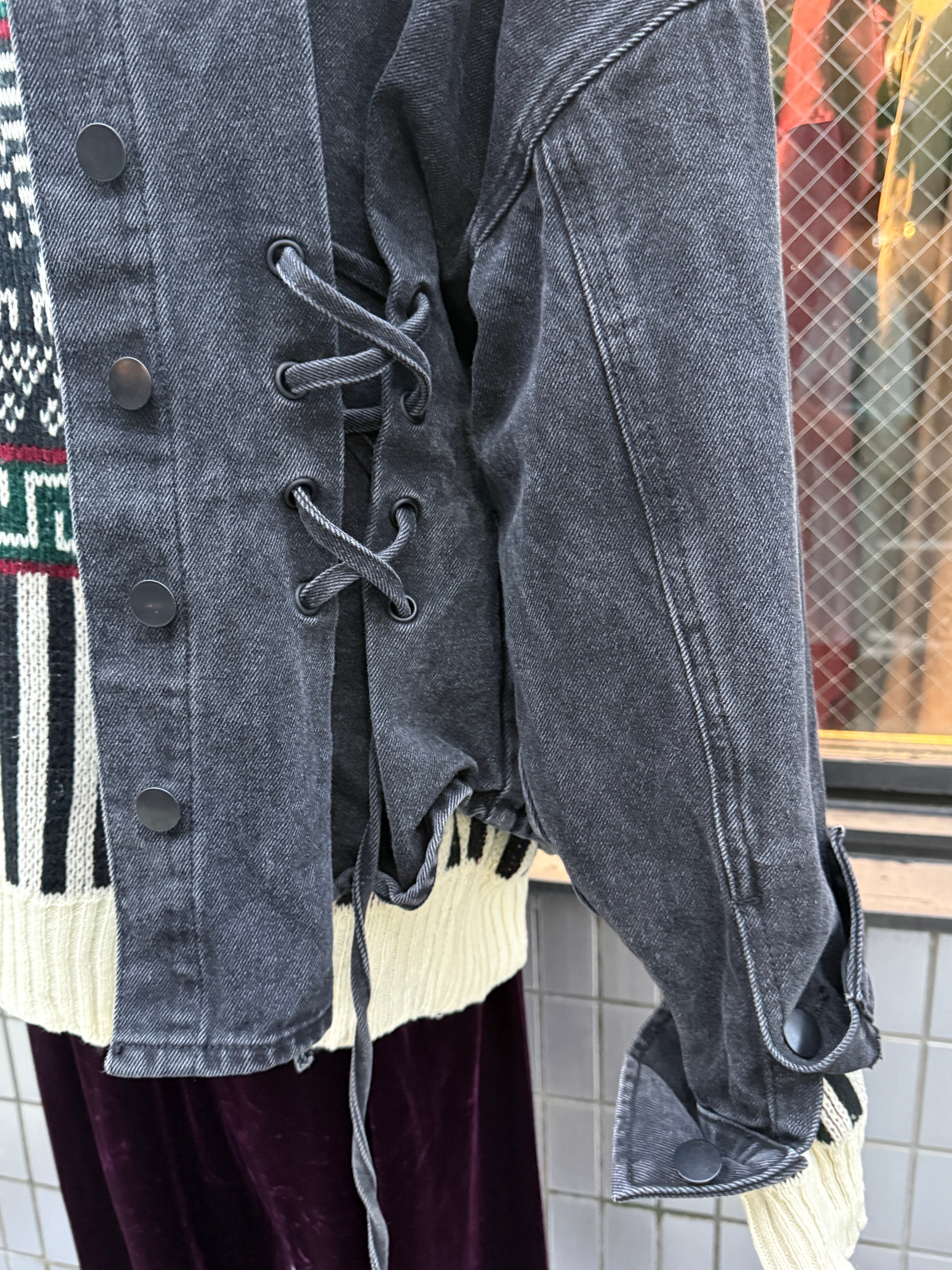washed black denim lace-up jacket