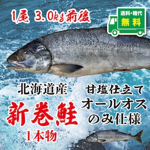 北海道産 新巻鮭　甘塩仕立て　1尾3.0kg前後 【送料・箱代無料】