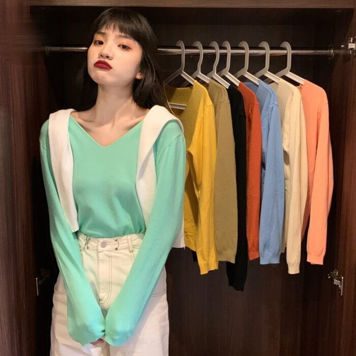 ブラックセーター スプリングオータムスタイルVネックスリムシャツ トップス ロング 春物 秋物 YY-ファッション51195403568