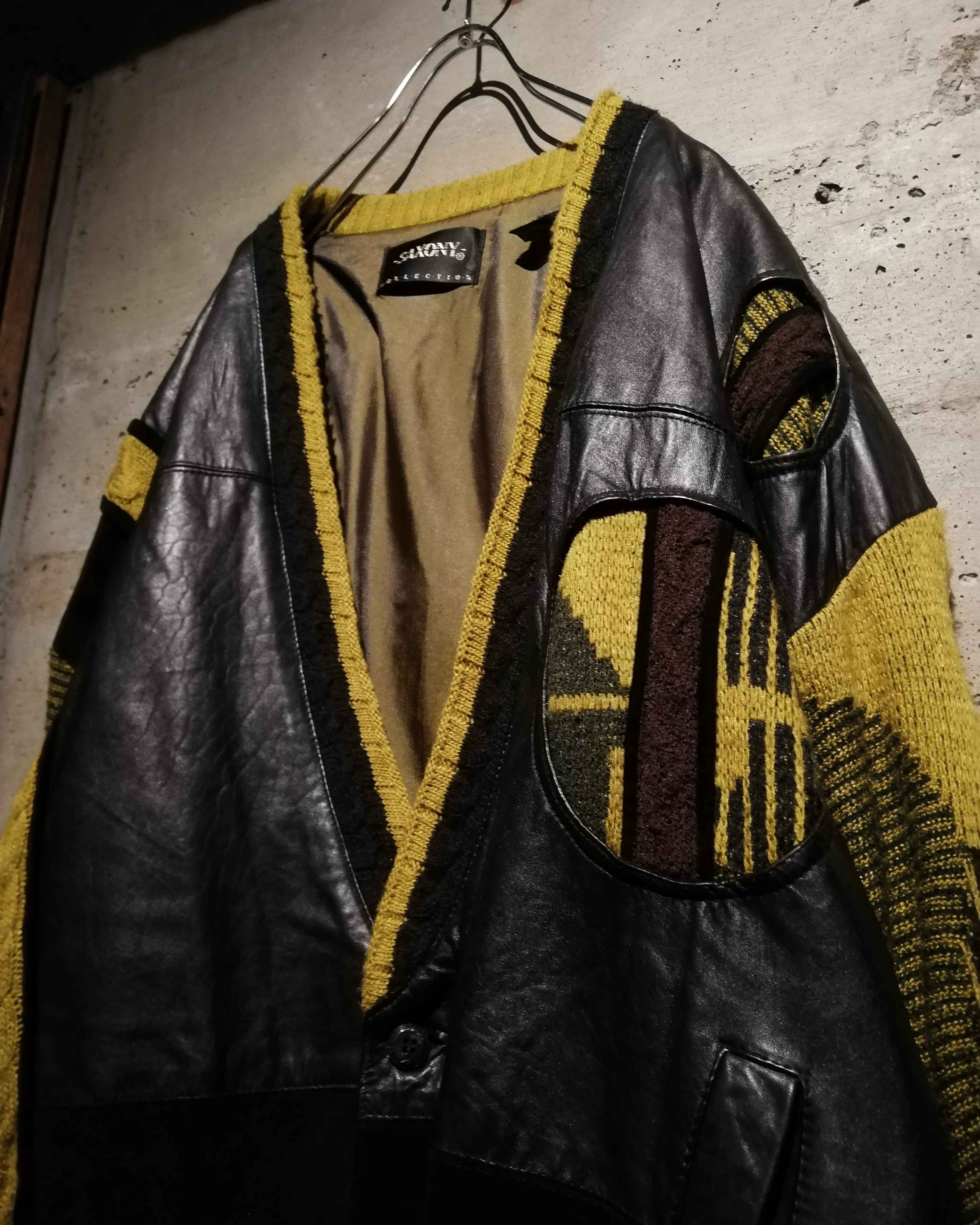 Caka】“SAXONY” Leather × Knit Switching Vintage Cardigan Jacket