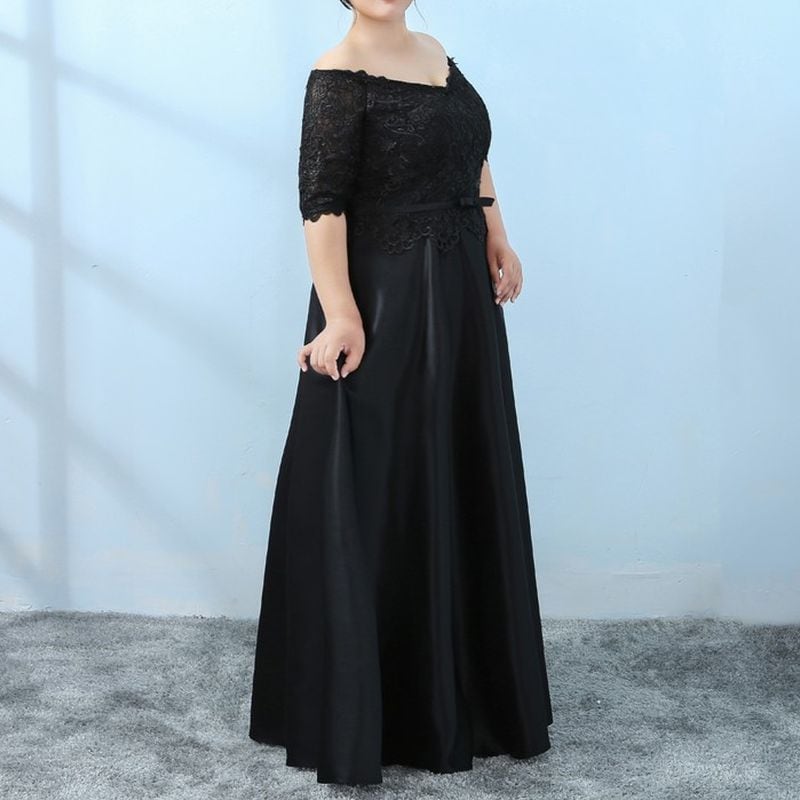 3XL〜7XL】レース刺繍オフショルダーサテンドレス 2color D1605 | 演奏