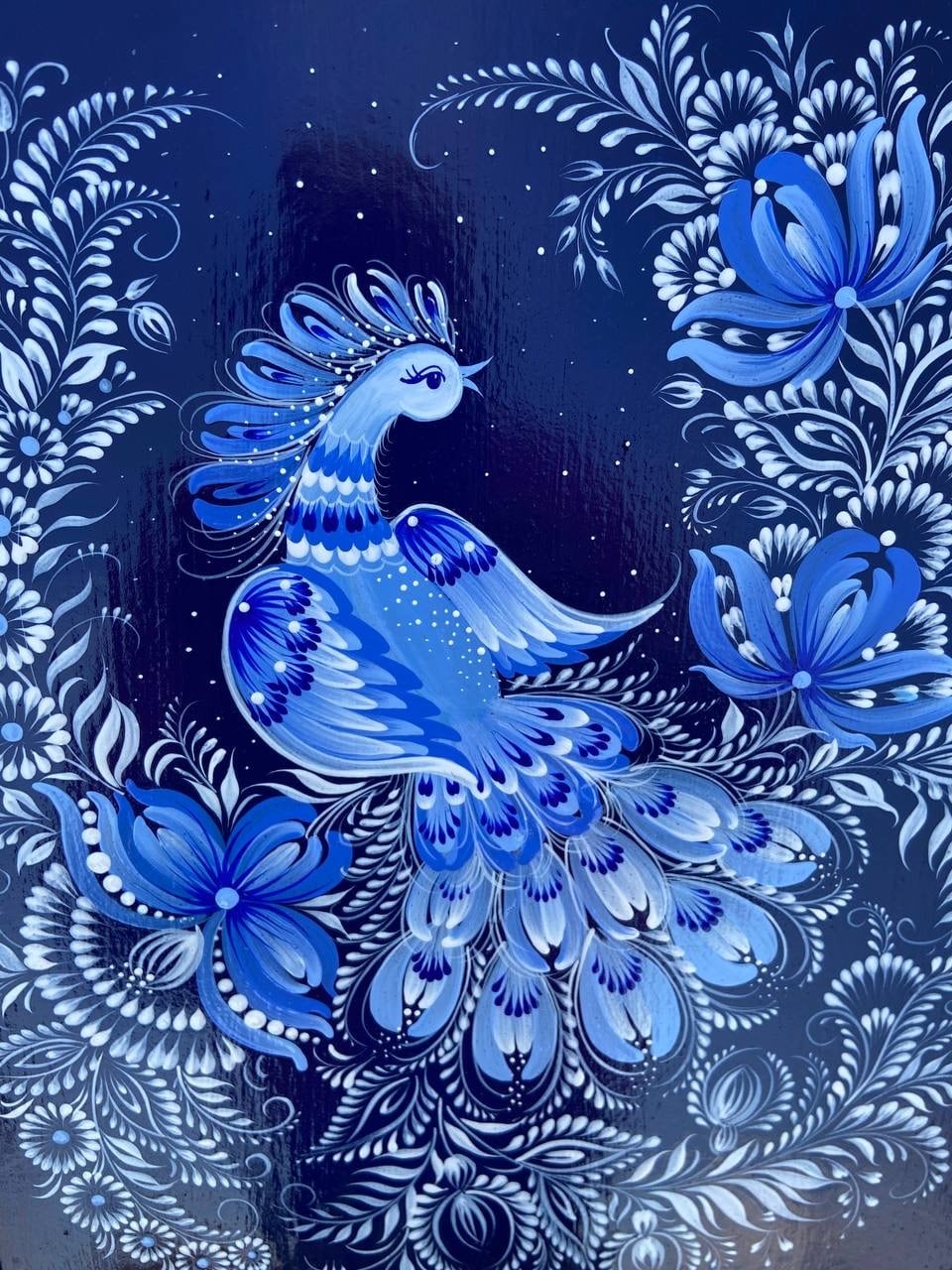 青い鳥】ペトリキフカ塗り 壁掛け手描きアートパネル（ティモシェンコ