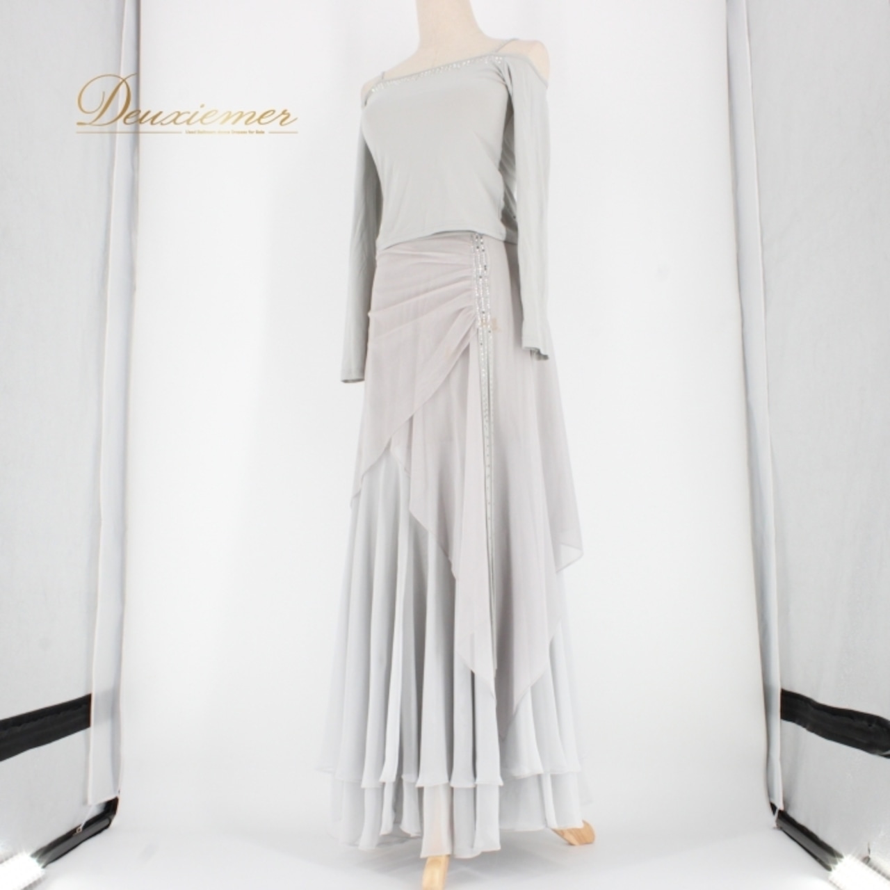 社交ダンス 衣装 スタンダード 上下セット ツーピース レッスンウェア パーティ衣装 Create-Sun クリエイトサン ラインストーン グレイ系 上質 ライトグレー 伸縮性 ウエストゴム ポリエステル フォーマル ダンスウェア ショー衣装 発表会 レッスン用 レディース おしゃれ セットアップ