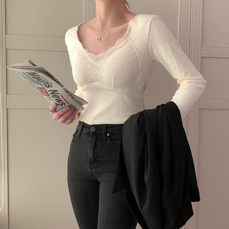 Tシャツ シャツ オータムウィンタースタイルベルベットレーススリムトップス 秋物 冬物 1号婦人8835216823