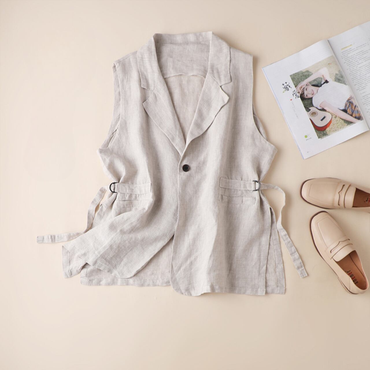 ノーカラー シングルボタン ノースリーブジャケット Ln00101