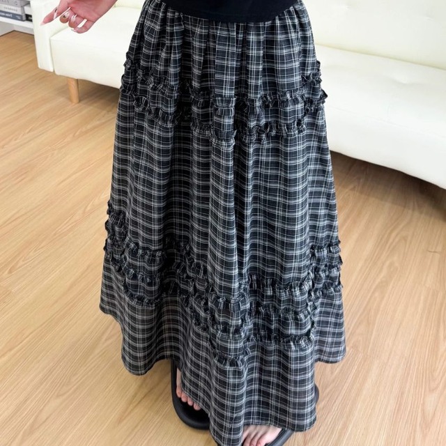 Tartan check tiered maxi skirt A1756