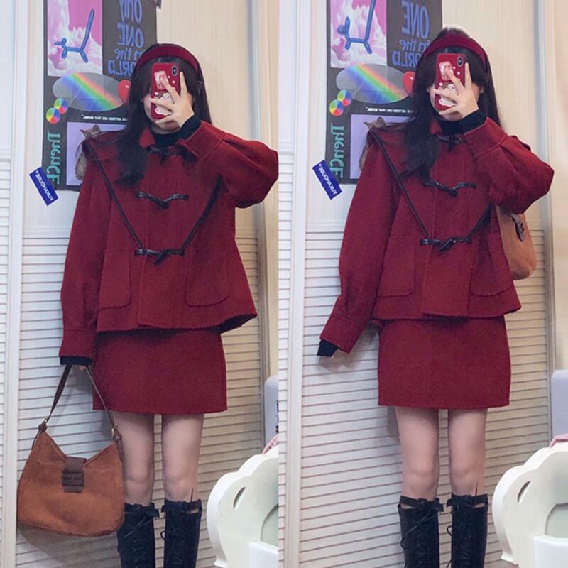 スプリングスタンダードレッドボタンコート ハイウェストウェストスカート レトロ 春物 スーパーモール30319892719