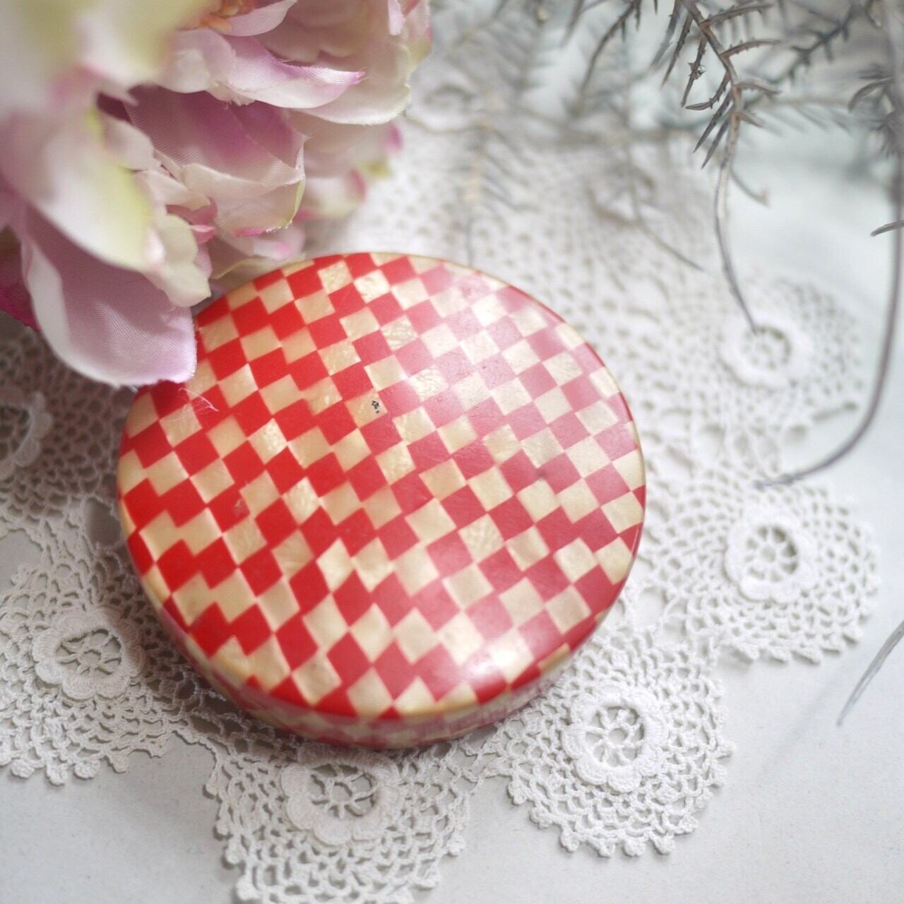 セルロイド 市松模様 パフケース ミラー付 レトロ日本