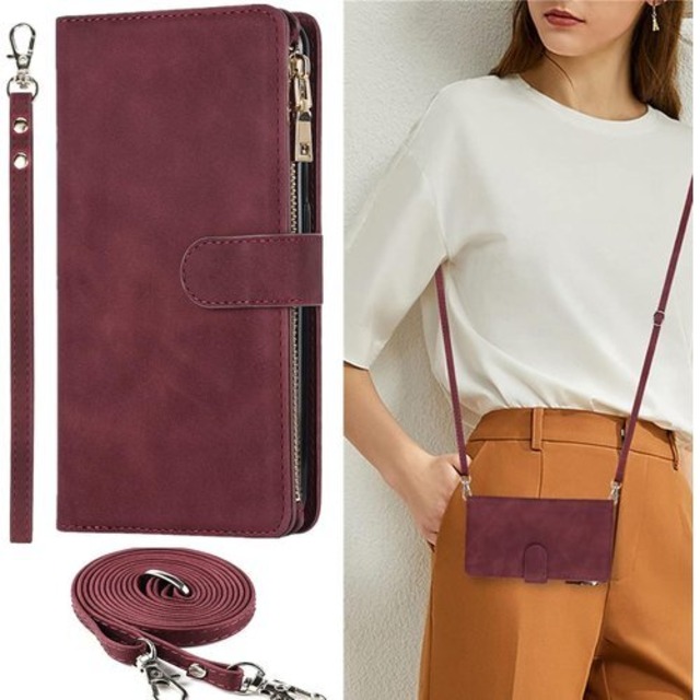 S22 Ultra ケース 手帳型 ショルダー クロス 2ウルトラ カバー サムスン ギャラクシー S22ultra スマホケース 携帯カバー 手帳型 カバー 財布 適用 case iCoverCase ストラップホール付き カード収納 バッグ マグネット 留め具 肩がけ 首掛け 斜め掛け カードケース ファスナー型 ストラップ付き カバー ショルダーケース クロスボディケース カード入れ スマホケース 携帯カバー ワインレッド 1185
