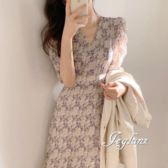 小花柄 マキシ ワンピース ドレス ボリューム袖 紐ベルト 5分袖(M6210)β