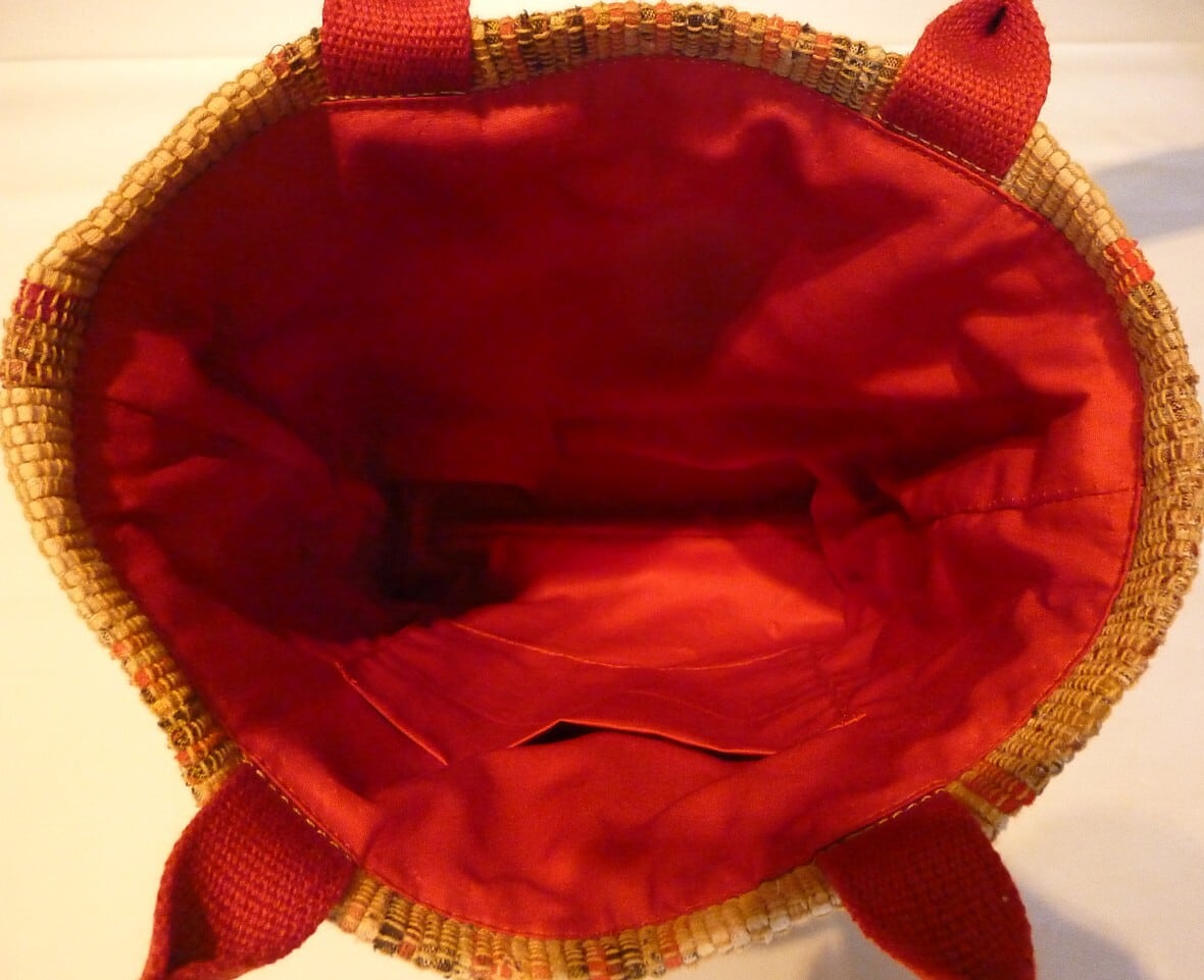 赤い持ち手のトートバッグ(臙脂縞）