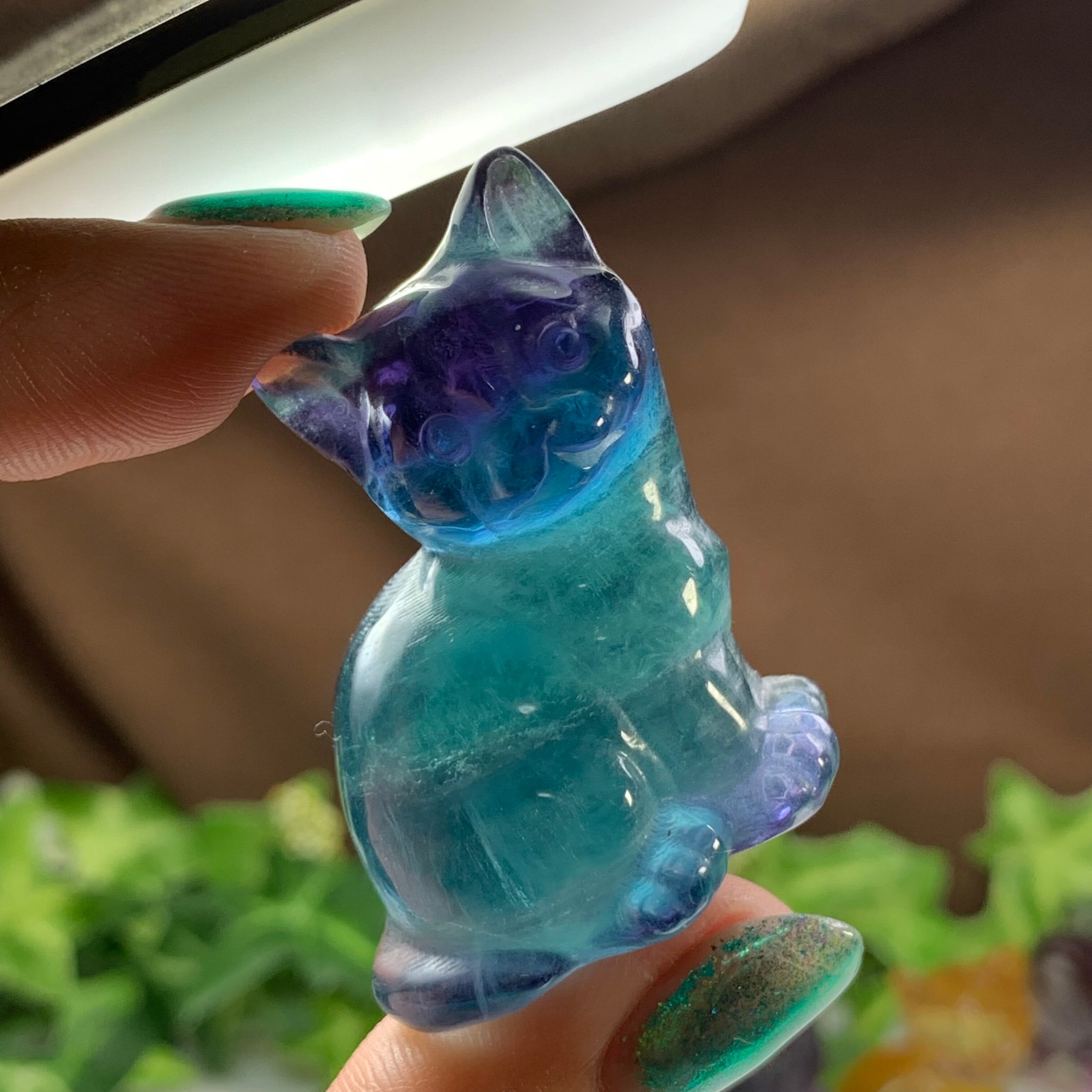 091827  天然フローライト猫ちゃん、５個、貫通穴、約15.1＊13.3ミリ 15%オフSALE マラソン☆ネコ ビーズ （1個） フローライト