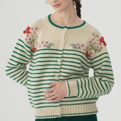 花と蝶の刺繍が咲くストライプニットカーディガン 《Y0411》