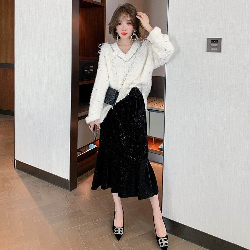 ゴールドストレッチハイウェストウェストスカート ウィンター エラスティック 伸縮 冬物 MIUCO87181345697