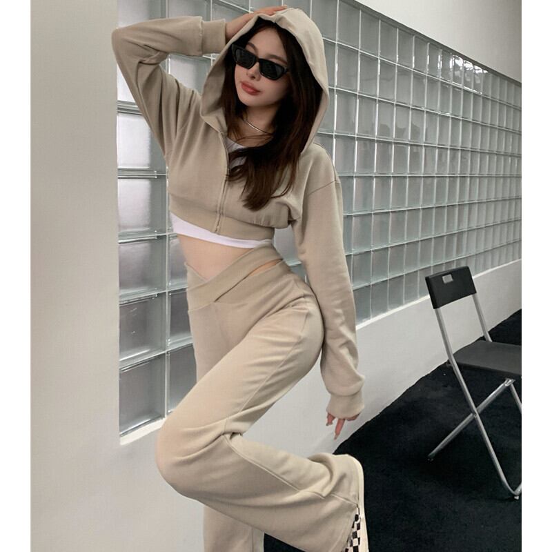 ジッパーフードセーター ショートカジュアルトップス ロング オータム 秋物 ガールズファッション43207931389