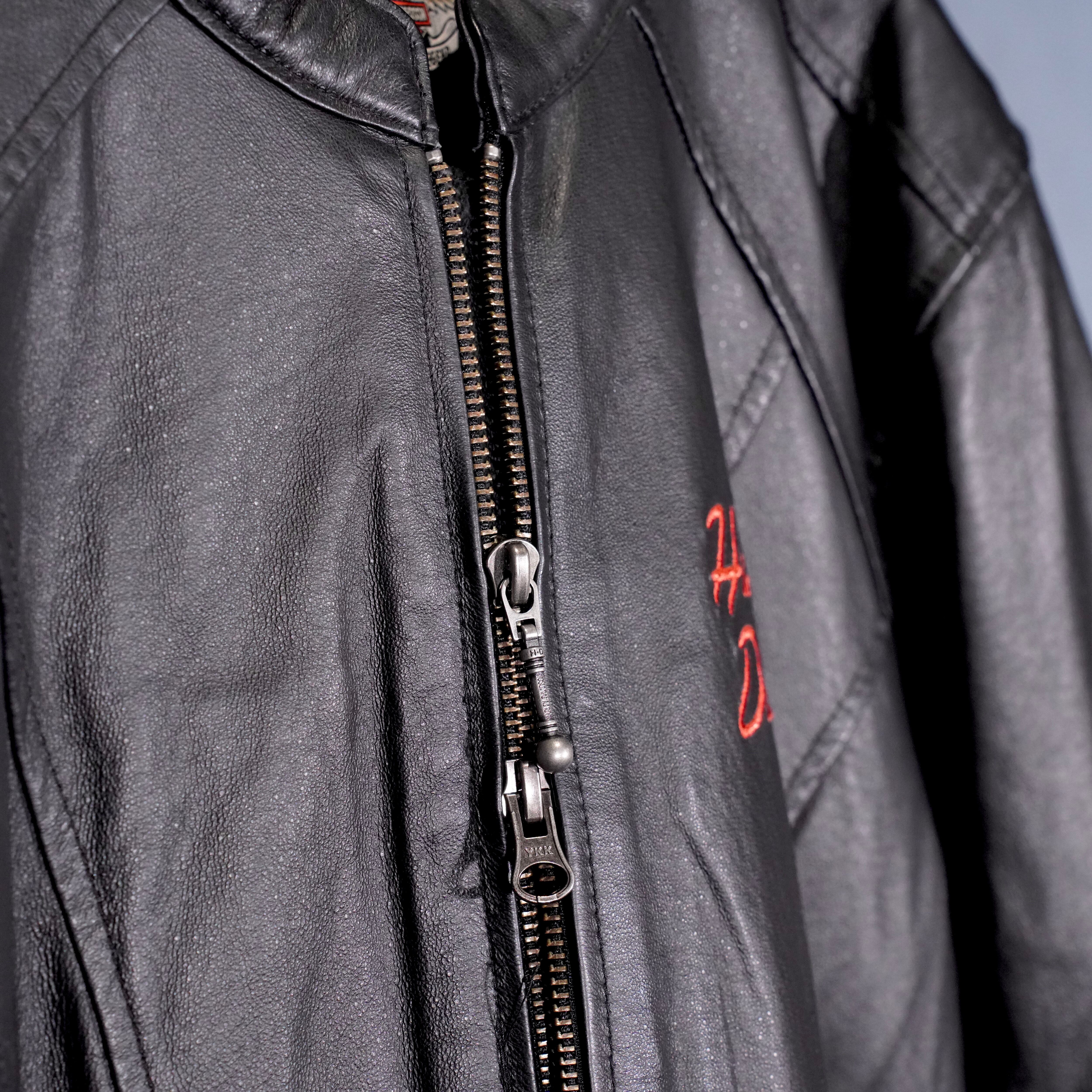 USA VINTAGE HARLEY DAVIDSON LOGO EMBROIDERY DESIGN ZIP UP LEATHER