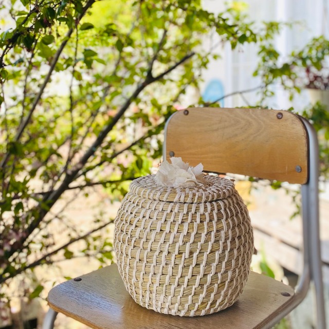 カイザ草の蓋つきラウンドバスケット