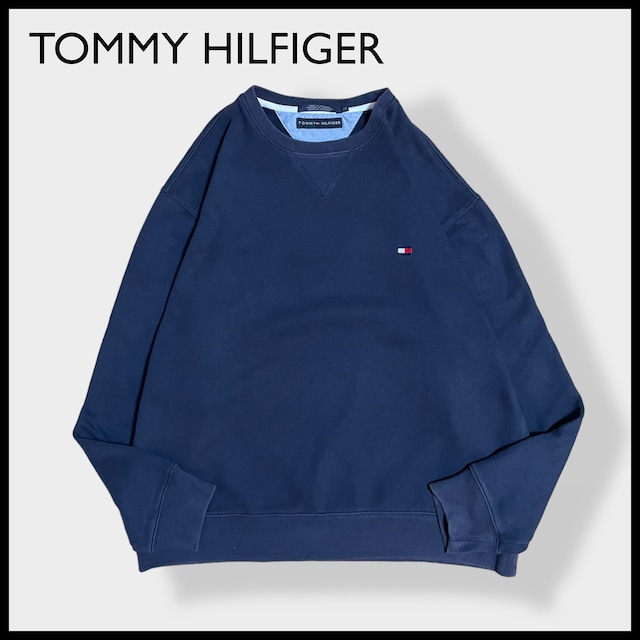 【TOMMY HILFIGER】 刺繍ロゴ ワンポイントロゴ スウェット トレーナー プルオーバー トミーヒルフィガー ネイビー LARGE US古着