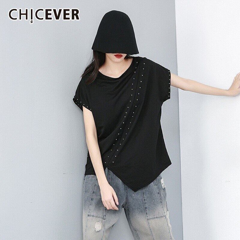CHICEVERサマーブラックビーズプルオーバーレディースTシャツONekc半袖ルーズスリムトップ2020 ショート ハーフスリーブ 夏物 6base559348510058
