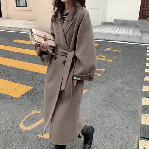 ロングコート レディース アウター 羽織 コート ロング丈 長袖 ウエストベルト 襟あり スーツ襟 袖ボタン フロントボタン ダブルブレスト シンプル 無地 きれいめ エレガント カジュアル お出かけ